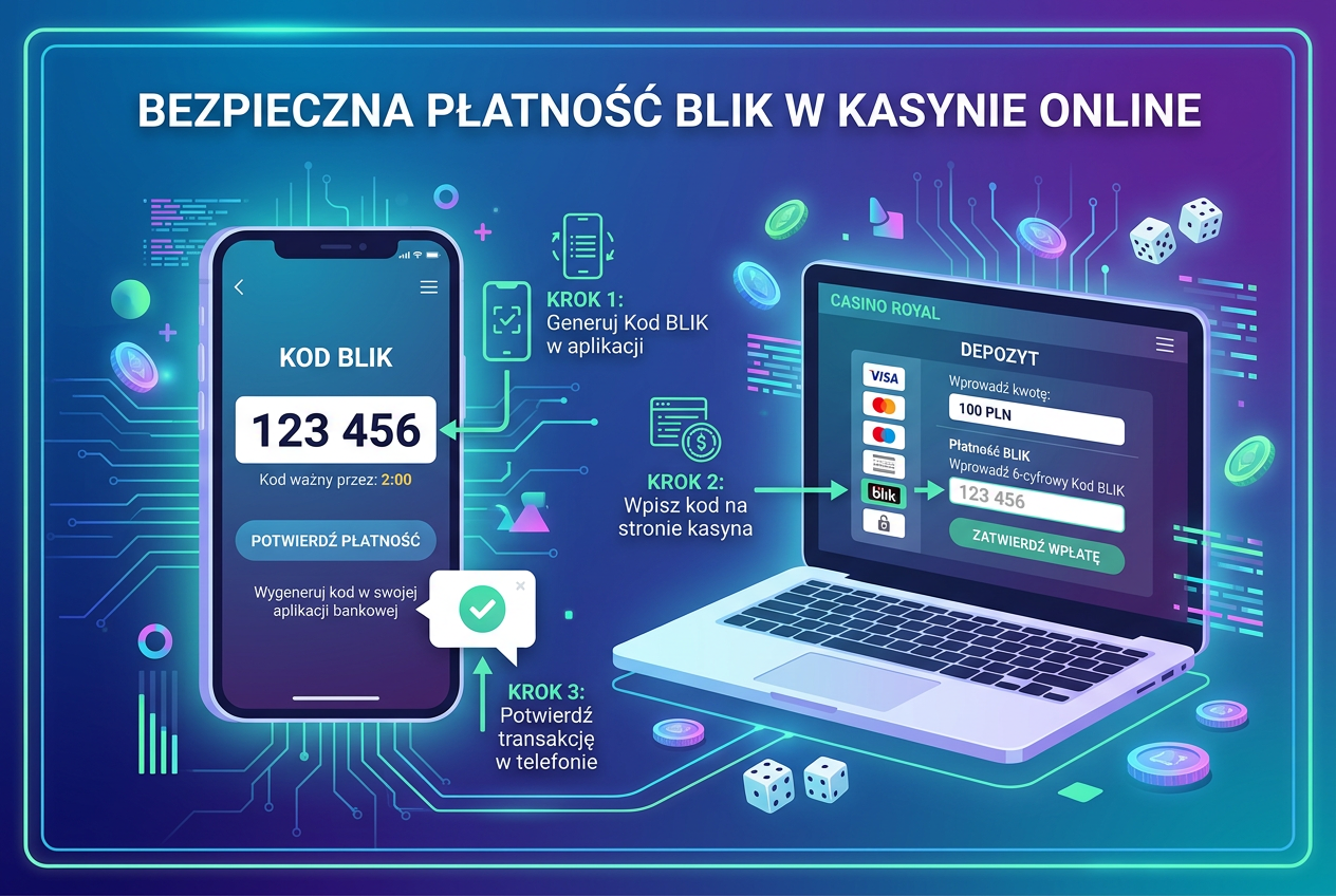 Smartfon z interfejsem kodu BLIK obok laptopa z widoczną stroną depozytu w kasynie